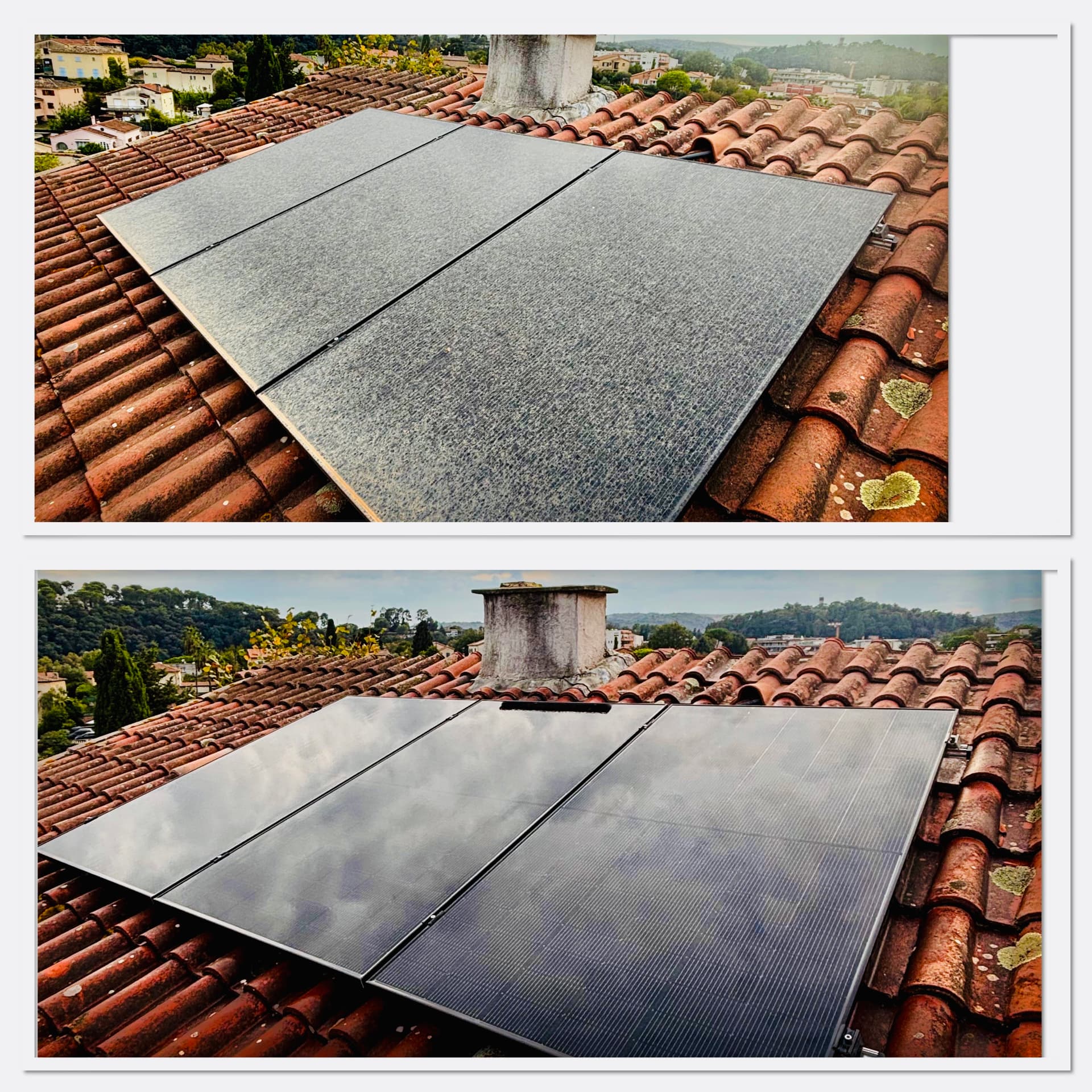 Panneaux solaires couverts de saleté puis parfaitement propres, avant et après sur une toiture en tuiles