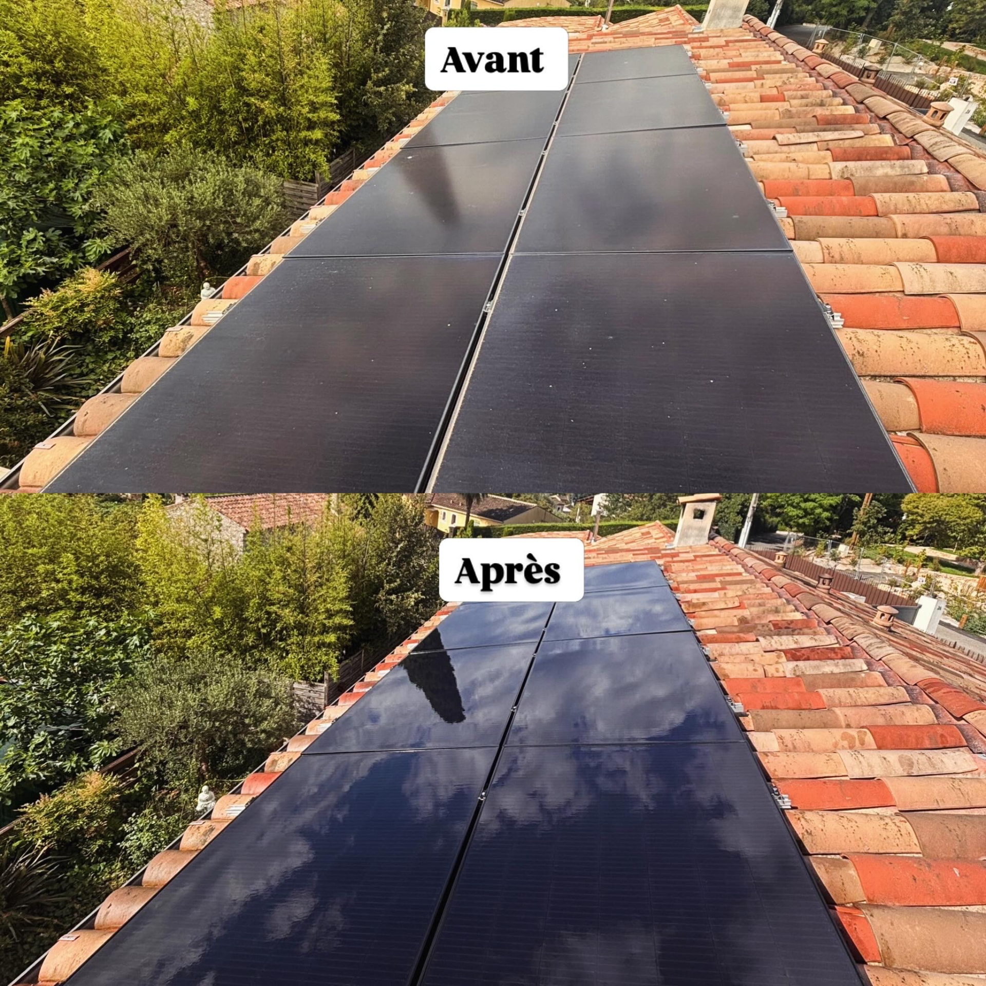 Panneaux solaires avant et après nettoyage à Cannes