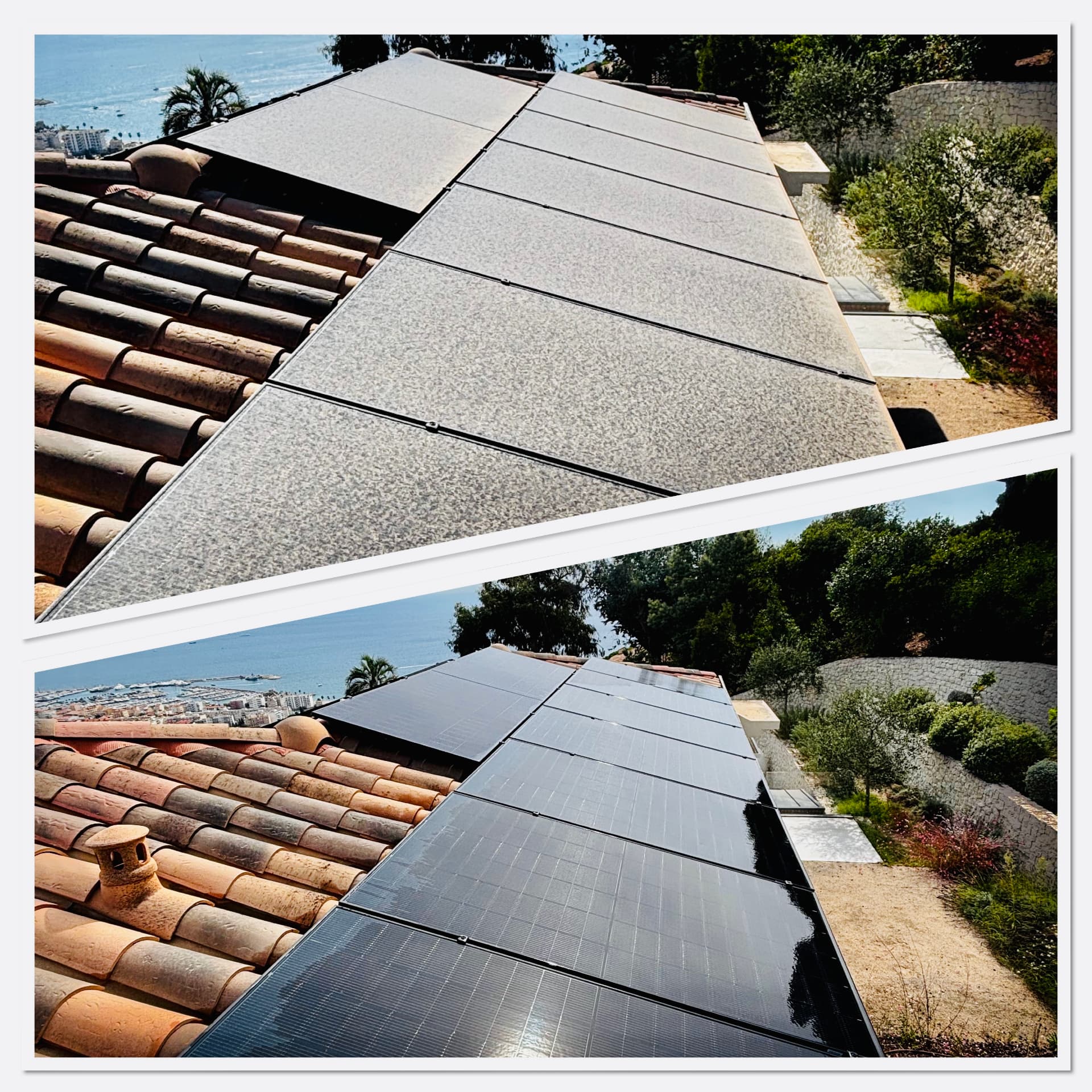 Panneaux solaires sales puis brillants avec vue sur la mer et le port, avant et après nettoyage