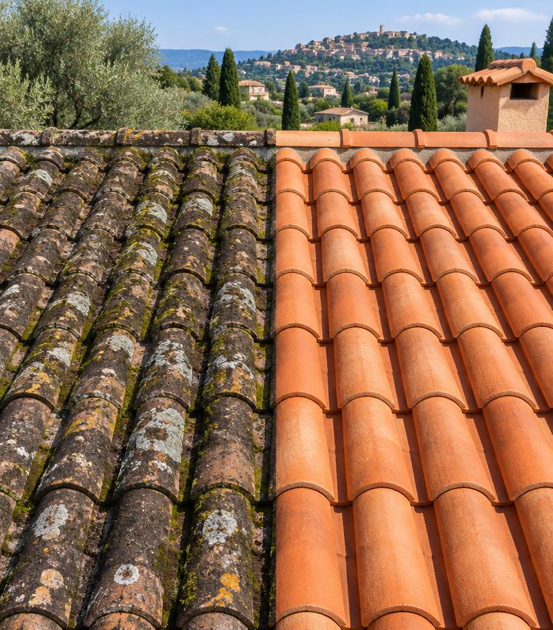 Toiture en tuiles avant et après nettoyage haute pression à Mougins
