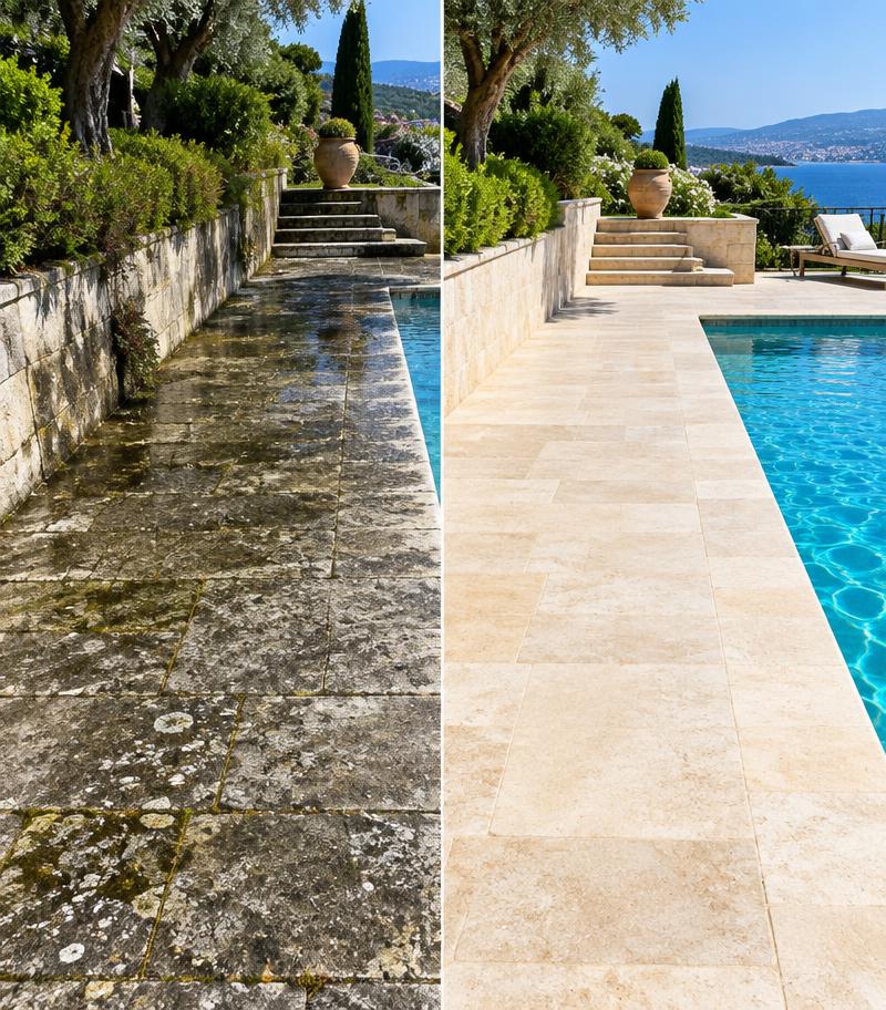 Terrasse en pierre avant et après nettoyage à Antibes
